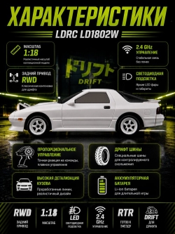 Радиоуправляемая машина для дрифта LD RC масштаб 1:18 2WD 2.4G RX-7 1802-White